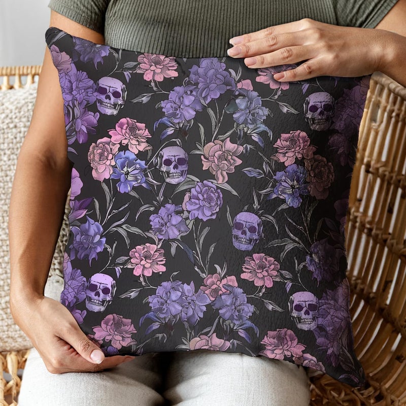 RBAFAO Gothic Floral Throw Pillow Cover, Darkly Elegant Floral Decorative Pillow Spooky Tiki Skull Flower Motif, Witchy Art Deco Pillowcase Cushion Cover for Bed Sofa Living Room (Purple, 18x18inches) - Image 5